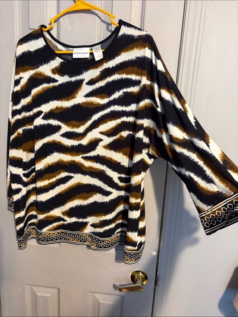 Alfred Dunner Zebra-Style Boatneck Tunic in Black, White, Brown